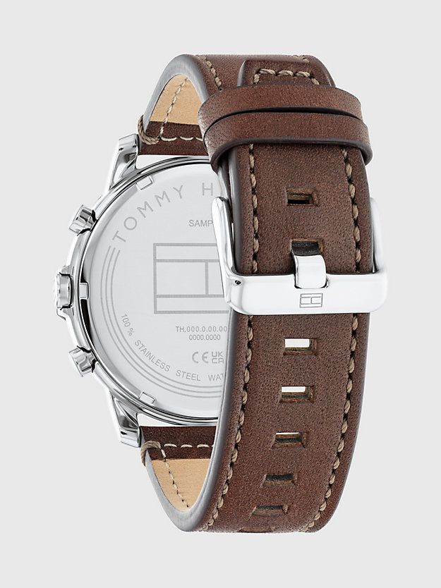 silver brown leather strap sub-counter watch for men tommy hilfiger