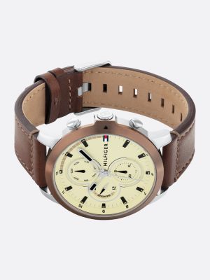 silver parchment dial brown leather strap watch for men tommy hilfiger