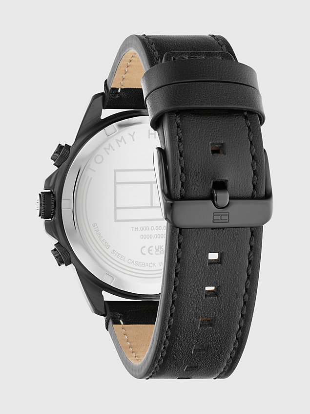 black ionic-plated black leather strap watch for men tommy hilfiger