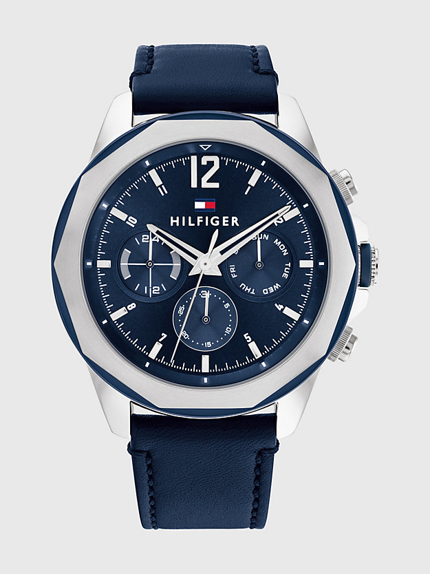 blue ionic-plated navy leather strap watch for men tommy hilfiger