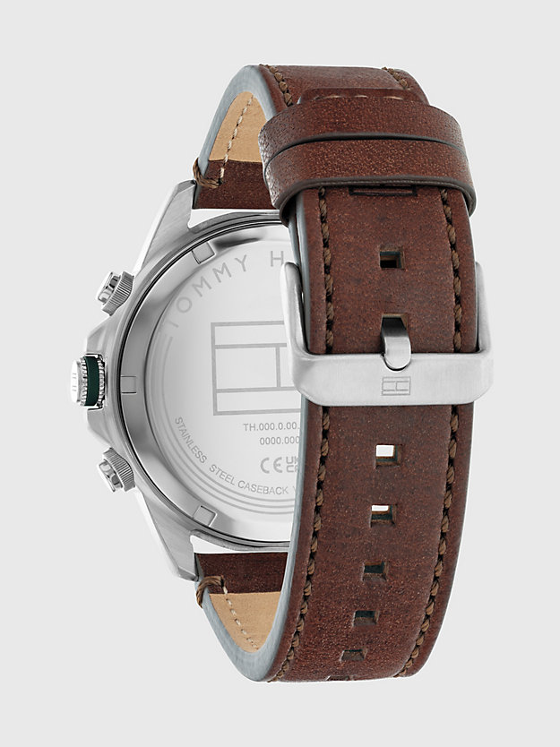 silver ionic-plated brown leather strap watch for men tommy hilfiger