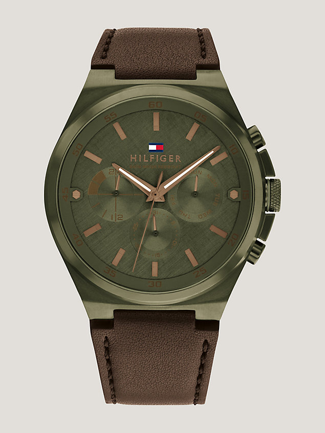 brown leather strap olive-tone watch for men tommy hilfiger