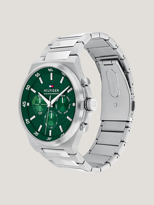 silver stainless steel green dial chain-link watch for men tommy hilfiger