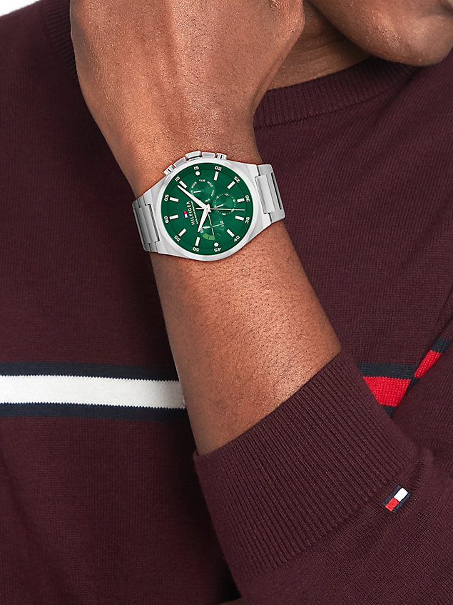 silver stalowy zegarek z zieloną tarczą i bransoletą dla mężczyźni - tommy hilfiger