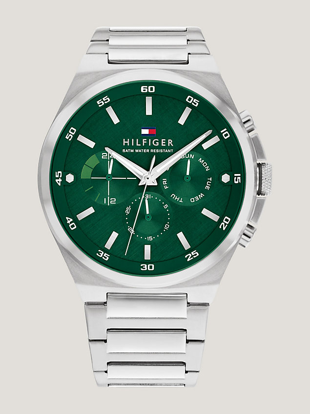 silver stainless steel green dial chain-link watch for men tommy hilfiger