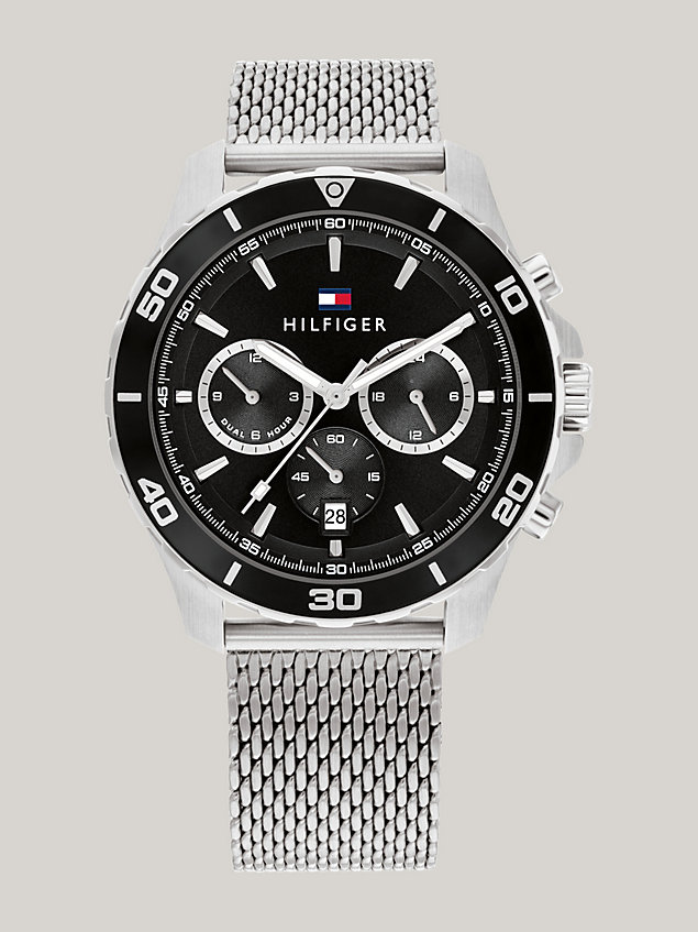 silver black dial stainless steel mesh strap sports watch for men tommy hilfiger