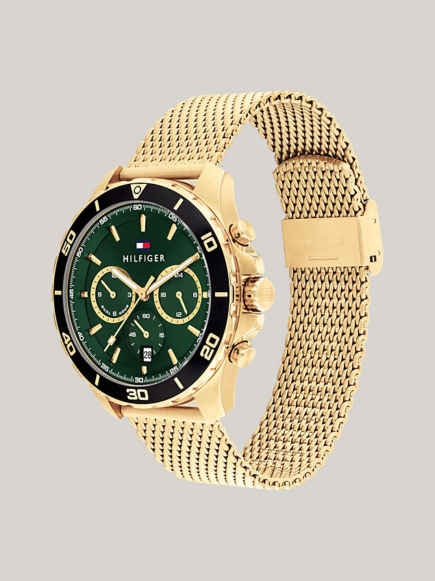 gold green dial gold-plated mesh strap sports watch for men tommy hilfiger