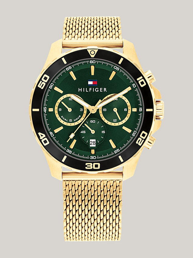 gold green dial gold-plated mesh strap sports watch for men tommy hilfiger
