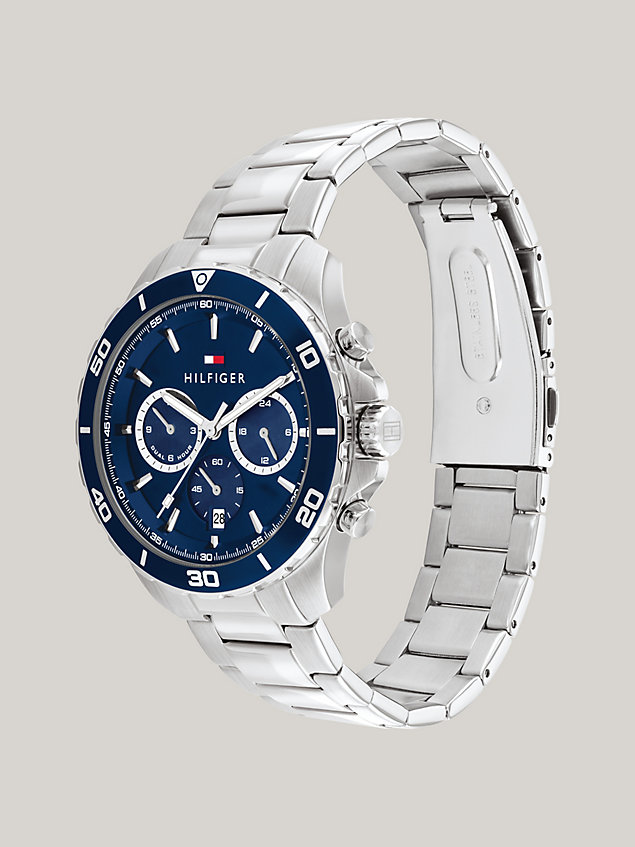 silver zegarek z niebieską tarczą i bransoletą z ogniw dla mężczyźni - tommy hilfiger