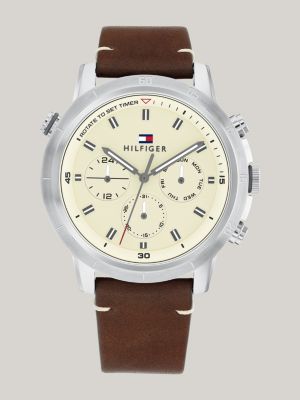 reloj deportivo con correa de piel marrón silver de hombres tommy hilfiger