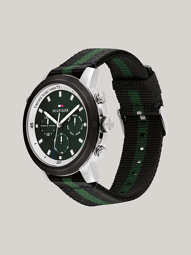 black green dial stainless steel textile strap sports watch for men tommy hilfiger