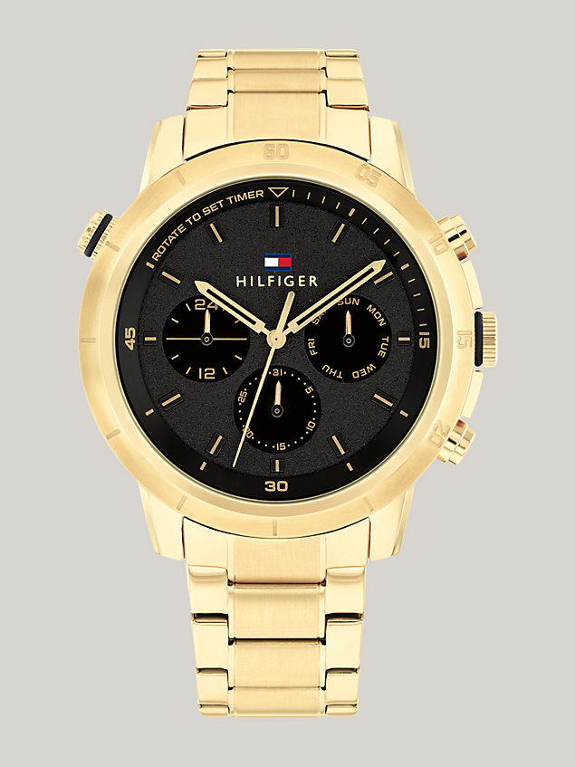 gold black dial gold-plated sports watch for men tommy hilfiger