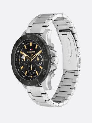 silver black dial stainless steel sports watch for men tommy hilfiger