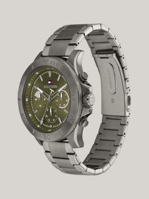 grey green dial gunmetal chain-link strap sports watch for men tommy hilfiger