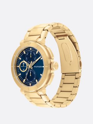 gold vergoldete armbanduhr mit marineblauem zifferblatt für herren - tommy hilfiger