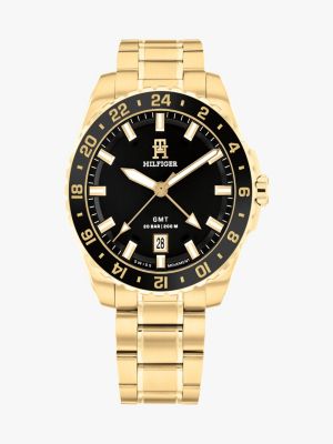 gold gold-plated black dial watch for men tommy hilfiger