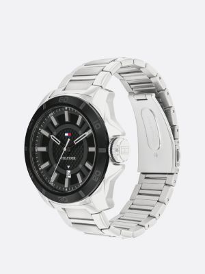 silver stainless steel black bezel sports watch for men tommy hilfiger