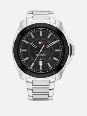 reloj deportivo con bisel de color negro silver de hombres tommy hilfiger