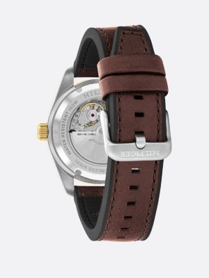 brown th monogram leather strap watch for men tommy hilfiger