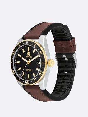 brown th monogram leather strap watch for men tommy hilfiger