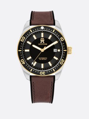 brown th monogram leather strap watch for men tommy hilfiger