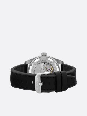 black cream dial leather strap watch for men tommy hilfiger