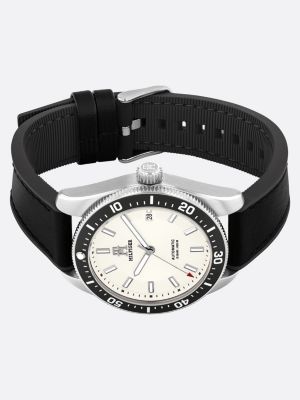 schwarz uhr mit lederarmband und cremefarbenem zifferblatt für herren - tommy hilfiger