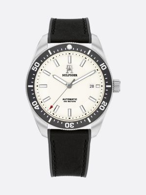 black cream dial leather strap watch for men tommy hilfiger