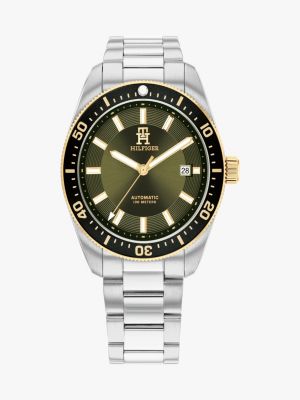 montre à cadran vert et monogramme th argent pour hommes tommy hilfiger