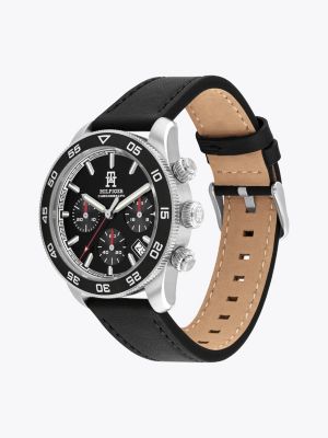 schwarz chronograf mit schwarzem lederarmband für herren - tommy hilfiger