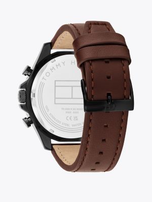 bruin horloge met kleine wijzerplaten en leren band voor heren - tommy hilfiger