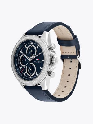 blue navy leather strap sub-counter watch for men tommy hilfiger