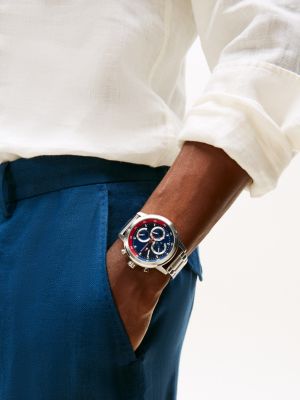 silver edelstahl-uhr mit blauem zifferblatt für herren - tommy hilfiger