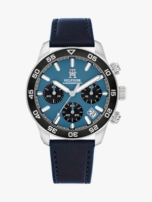 blue blue leather strap chronograph watch for men tommy hilfiger