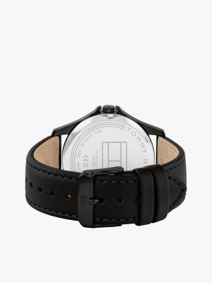 zwart zwart geïoniseerd horloge met leren band voor heren - tommy hilfiger