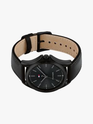 black black ionic-plated leather strap watch for men tommy hilfiger