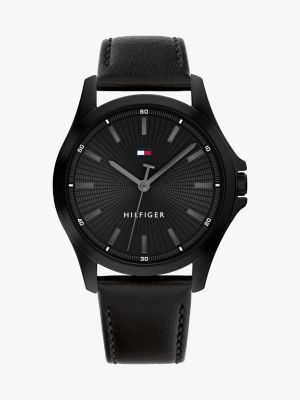 black black ionic-plated leather strap watch for men tommy hilfiger