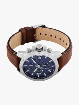 brown blue dial brown leather strap watch for men tommy hilfiger