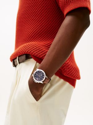 braun blaue uhr mit braunem lederarmband für herren - tommy hilfiger