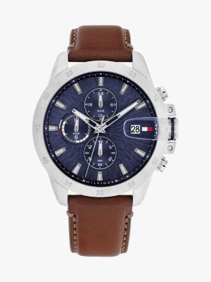 brown blue dial brown leather strap watch for men tommy hilfiger
