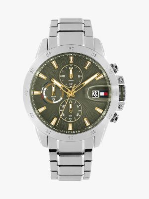 silver green dial stainless steel chain-link watch for men tommy hilfiger