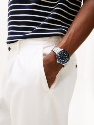 silver edelstahl-uhr mit marineblauer lünette für herren - tommy hilfiger