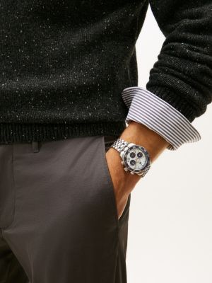 silver th monogram chronograph chain-link watch for men tommy hilfiger