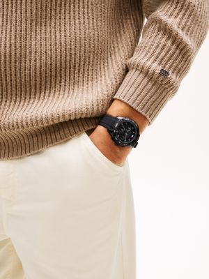 black black chronograph silicone strap watch for men tommy hilfiger