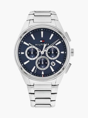 silver gliederarmbanduhr aus edelstahl mit blauem zifferblatt für herren - tommy hilfiger