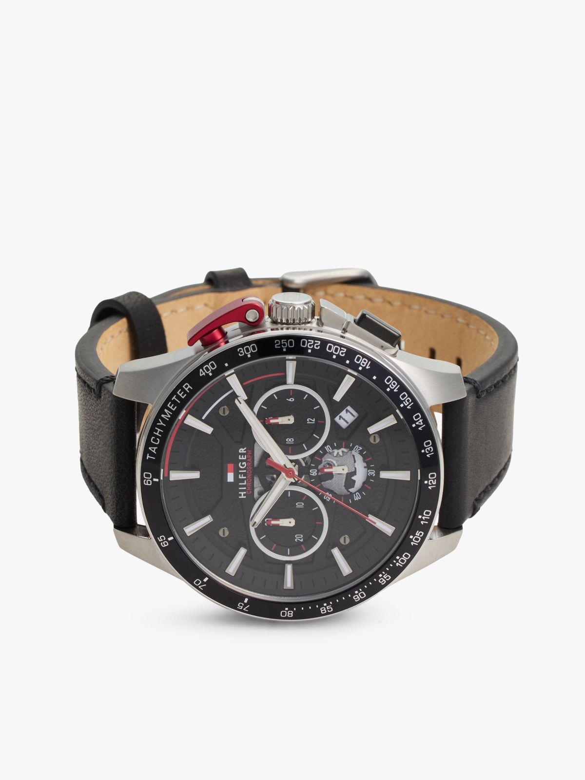 Black Leather Strap Chronograph Watch — Black