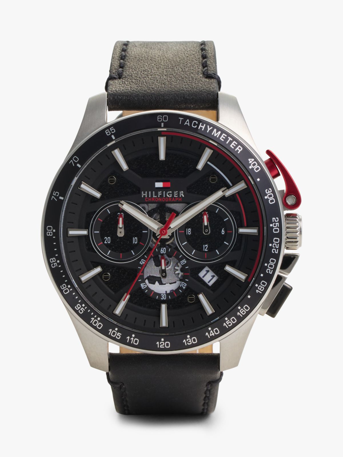 Black Leather Strap Chronograph Watch — Black