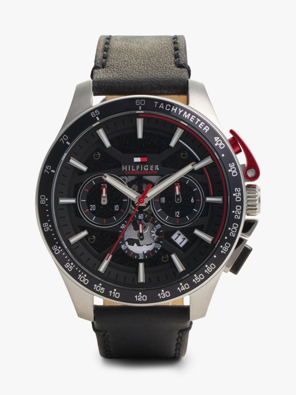 Black Leather Strap Chronograph Watch — Black
