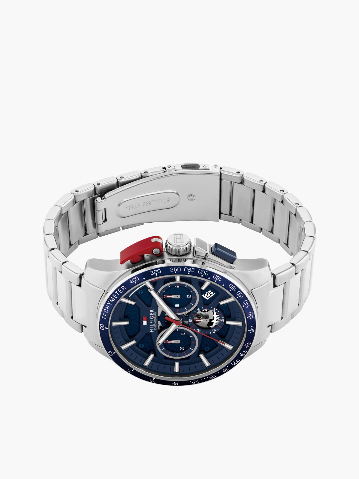Blue Dial Stainless Steel Chronograph Watch — Silver