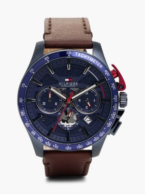 brown blue dial brown leather strap chronograph watch for men tommy hilfiger